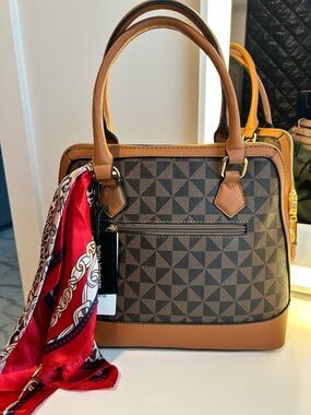 Brown Geometric Pattern Satchel Handbag with Red Scarf Accent